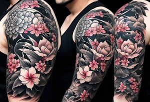 Full sleeve design with japanese blossoms tattoo idea