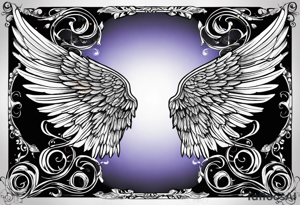 beautiful angel wings. with flilgree in the background tattoo idea