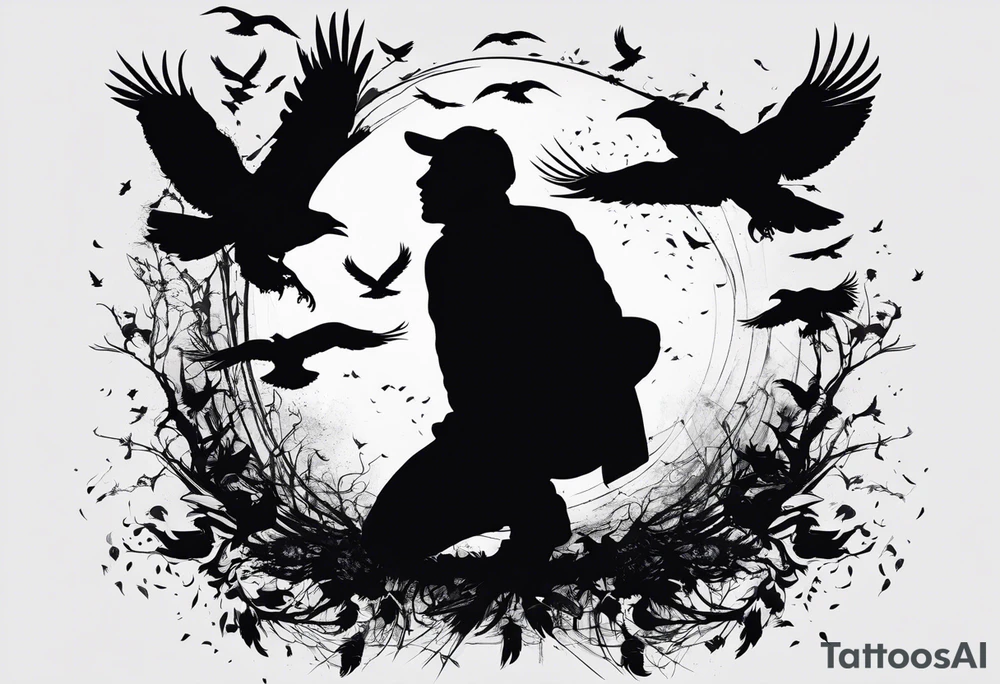 Silhouette of a man on his knees bent over with crows flying out his back like pieces of him flying away. tattoo idea