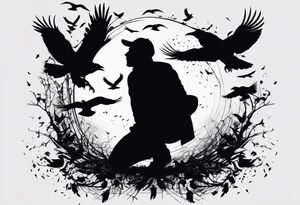 Silhouette of a man on his knees bent over with crows flying out his back like pieces of him flying away. tattoo idea