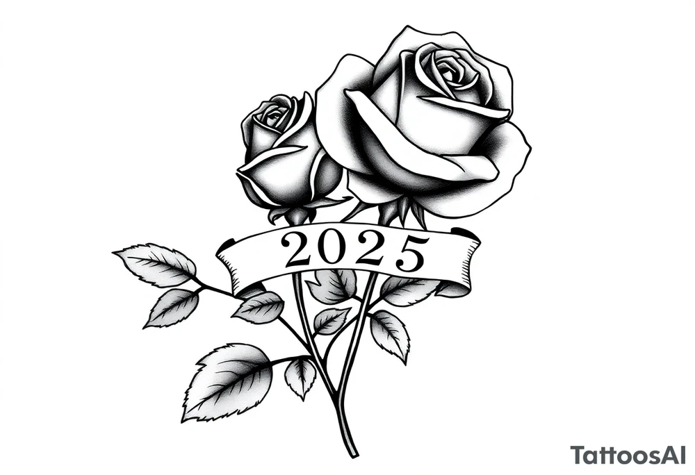 two beautiful large rose buds, one larger than the other, with many leaves next to the rose buds, with one sitting higher than the other. Include a banner connecting the two roses with the year "2025" on it.   Use dark outlines with little shading. The two stems should be short, not long, and connect and join into one stem, whimsically curved or twisted - not straight down. tattoo idea