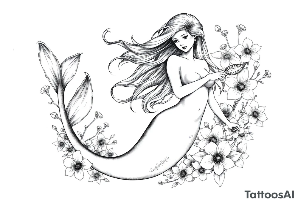 ethereal mermaid with flowing hair among coral and sea flowers tattoo idea