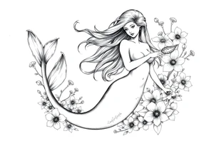 ethereal mermaid with flowing hair among coral and sea flowers tattoo idea
