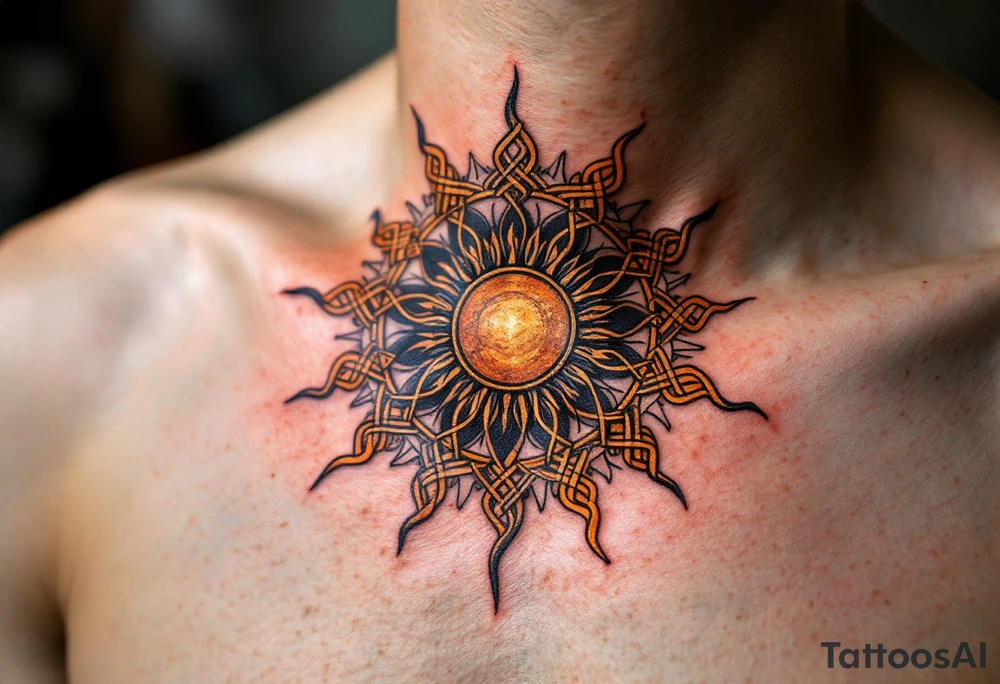 A rich copper-colored Celtic sun with black knots winds in symmetry around the navel. tattoo idea