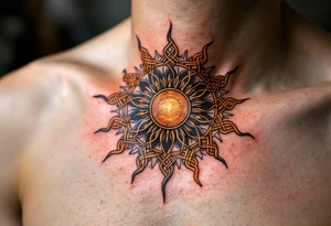 A rich copper-colored Celtic sun with black knots winds in symmetry around the navel. tattoo idea