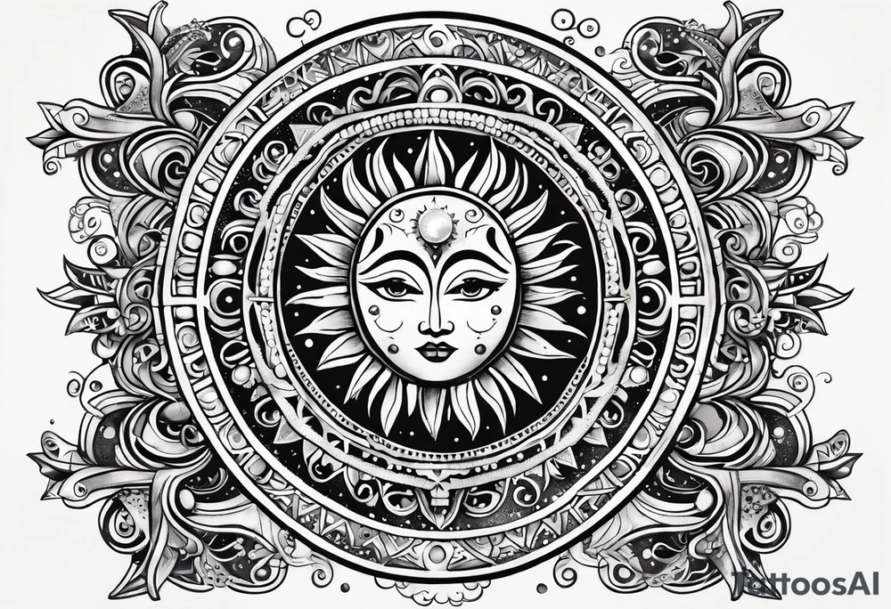 Mexican alien Sun and moon. Freeform rectangular sternum swirls with dots and stars tattoo idea