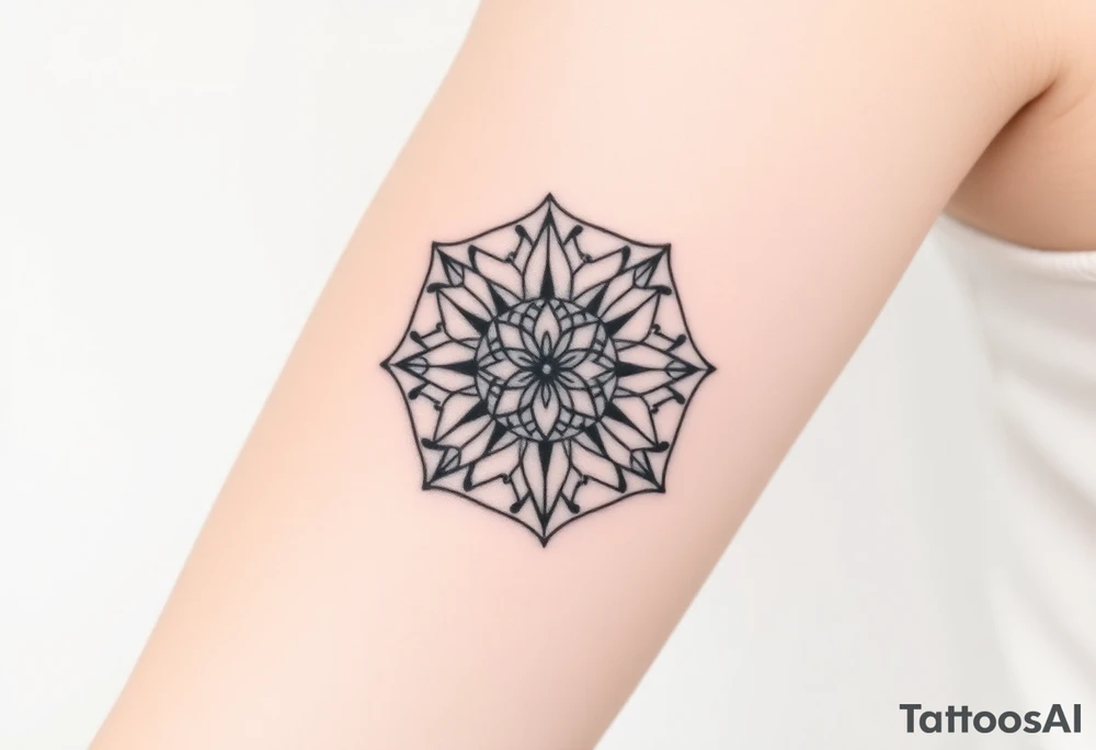 simple, minimalist tattoo, sacred geometry mandala, centerpiece design, dotwork patterns, radiating geometry, symmetrical mandala, geometric shapes, intricate dotwork, sacred patterns, mandala center, geometric radiating, fine line work, black grey shading, minimalist design, no outlines, arm placement, delicate linework, precise geometry, clean symmetry, sacred symbols, geometric precision, dotwork details, mandala focal point, refined patterns, understated complexity, geometric harmony, minimalist tattoo idea