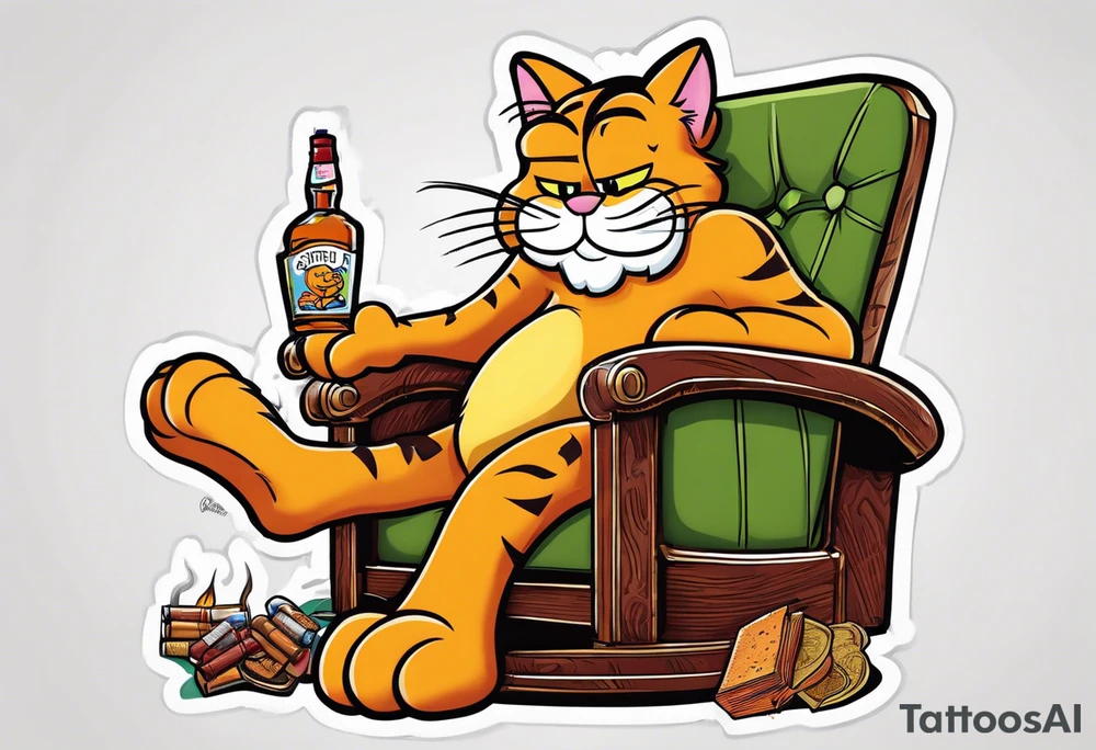 Garfield on a recliner , whiskey , cigar tattoo idea