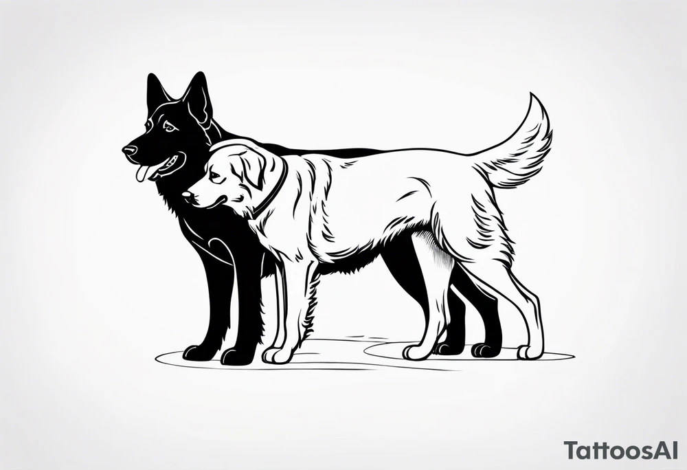 a black German shepherd and a golden retriever wrestling tattoo idea