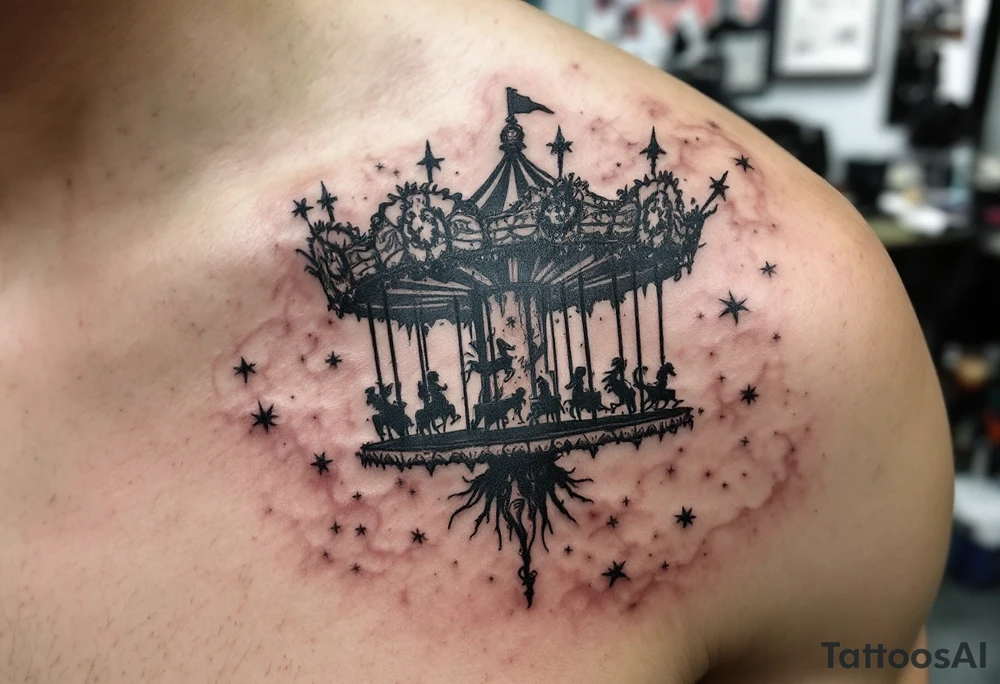 Tim Burton’s twisted carousel spins in black, gray, and faded burgundy, with skeletal horses and crooked poles. tattoo idea