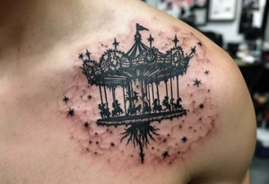 Tim Burton’s twisted carousel spins in black, gray, and faded burgundy, with skeletal horses and crooked poles. tattoo idea