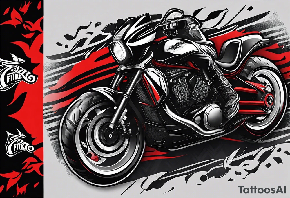 Arm sleeve, black, gray, silver, red, tribal, include elements of fire, include subtle elements of motorcycles, include elements of wrestling tattoo idea