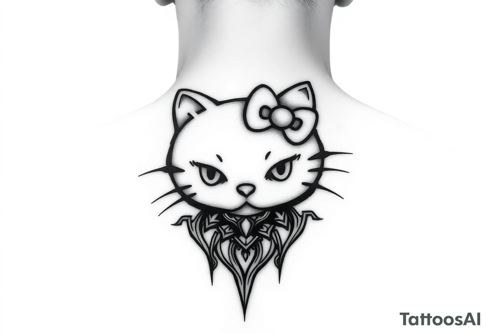 white background, cyber sigilism art / neo primal inspired hello kitty tattoo idea