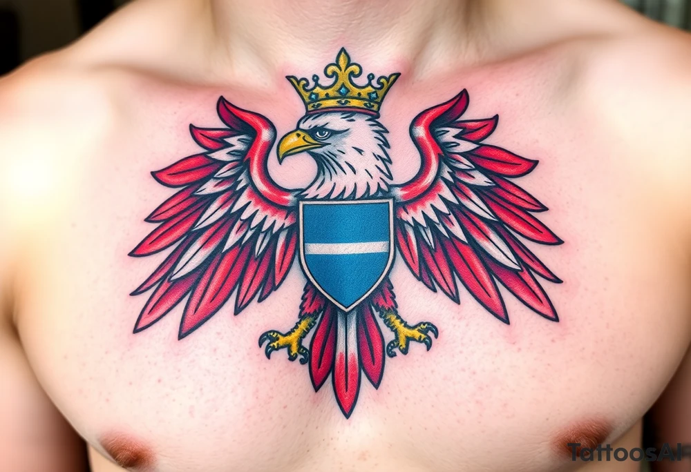 A majestic red and white Moravian eagle with golden crown on its head with a blue shield tattoo idea