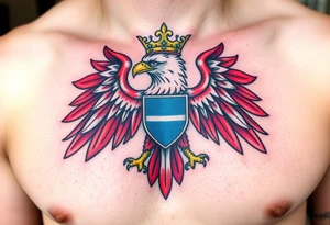 A majestic red and white Moravian eagle with golden crown on its head with a blue shield tattoo idea