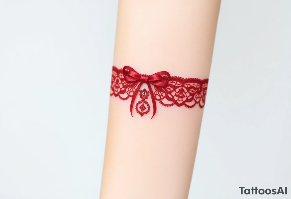 A deep red lace garter design, with a satin bow and subtle gemstone details for a sensual aesthetic tattoo idea