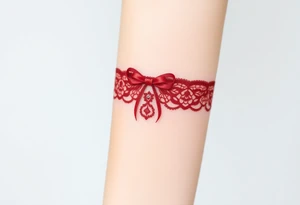 A deep red lace garter design, with a satin bow and subtle gemstone details for a sensual aesthetic tattoo idea