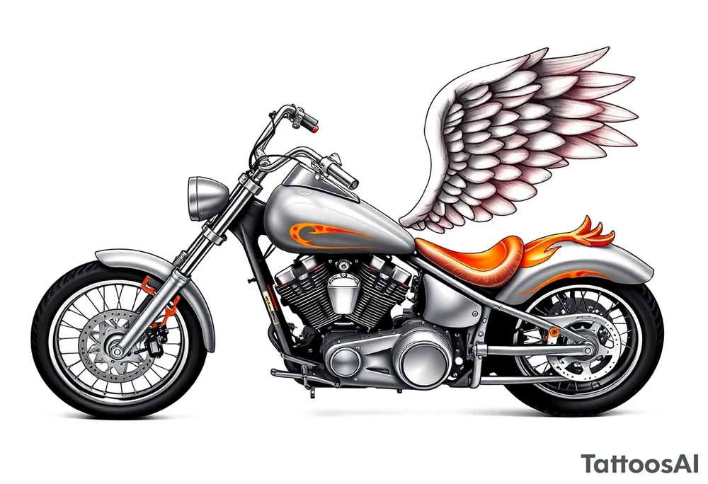 Low rider grey motorcycle, flames, angel wings tattoo idea
