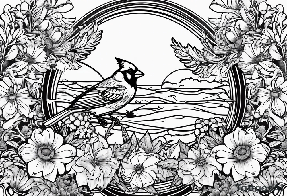 Bouquet of Aster flowers and sea rocket flowers with a cardinal around the words Dad tattoo idea