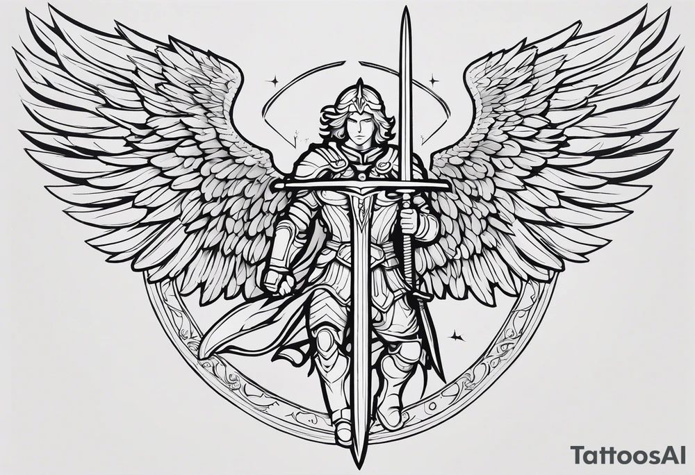 **Tattoo Design: Archangel Michael**

- **Central Theme**: Archangel Michael, majestic and powerful, stands ready with a raised sword, prepared to battle evil.
- **Appearance**: The figure of Archangel Michael depicted in full angelic armor, with majestic wings spread wide.
- **Expression**: His stance conveys strength, courage, and determination in defense of good.
- **Details**: Focus on intricate details such as facial features, armor embellishments, and the raised sword.
- **Background**: May be stylized as celestial, with rays of light or clouds, accentuating the divine presence of Archangel Michael.
- **Placement**: Intended for placement on the chosen body area, with the option to adjust the size according to personal preferences. tattoo idea