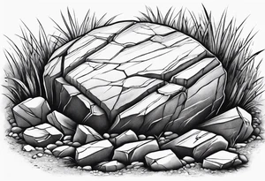 Create a tattoo of a flat topped rock Ebenezer stone surrounded by freshly tilled soil tattoo idea