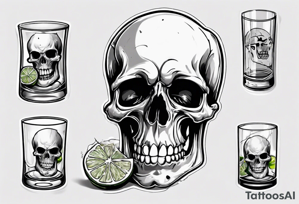 A smiling looking to the left scull inside the glass with alcohol and piece of lime tattoo idea
