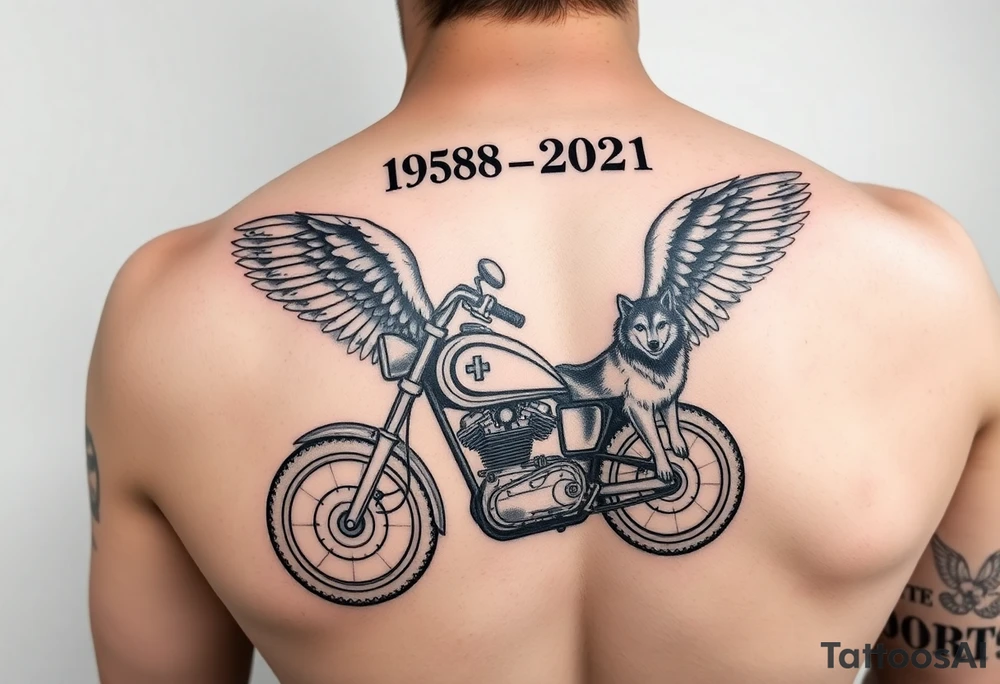 the year 1958 - 2021 with a motorcycle on it with guardian angel wolves tattoo idea