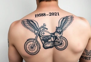 the year 1958 - 2021 with a motorcycle on it with guardian angel wolves tattoo idea