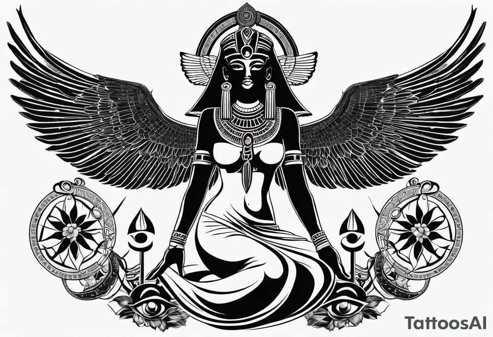 black and white Egyptian goddess Isis, who is often depicted as a woman with outstretched wings, holding an ankh (a symbol of life) in one hand and a lotus flower in the other. Her headdress often includes a throne or a solar disk. The tattoo design can vary in style and size, but it typically aims to capture the essence of this revered Egyptian deity, emphasizing her beauty, power, and maternal qualities. The choice of colors and additional elements can also be customized to create a unique and visually striking representation of the goddess Isis tattoo idea