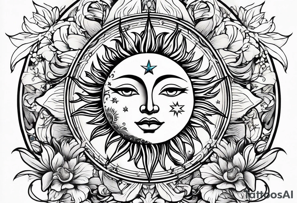 Floral sun, moon, and stars tattoo idea