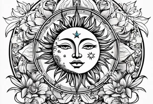 Floral sun, moon, and stars tattoo idea