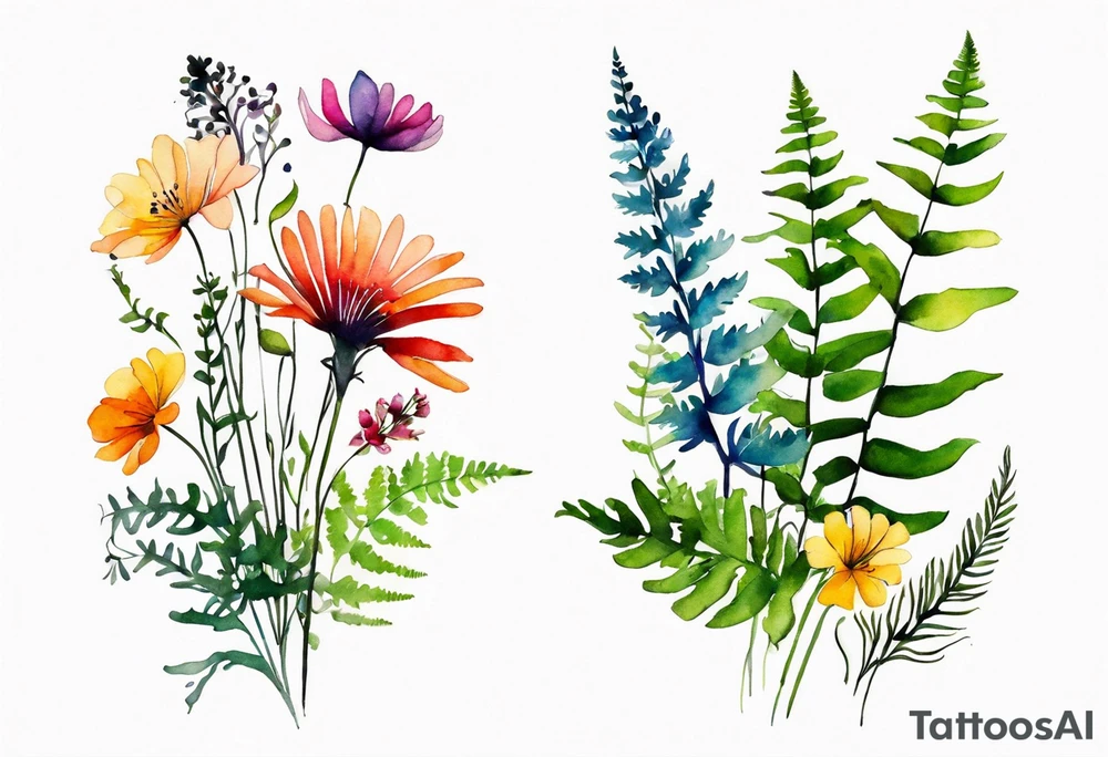 Multi colored wild flowers long stems bouquet with ferns all watercolor tattoo idea