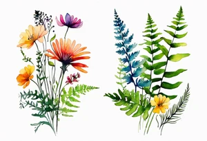 Multi colored wild flowers long stems bouquet with ferns all watercolor tattoo idea