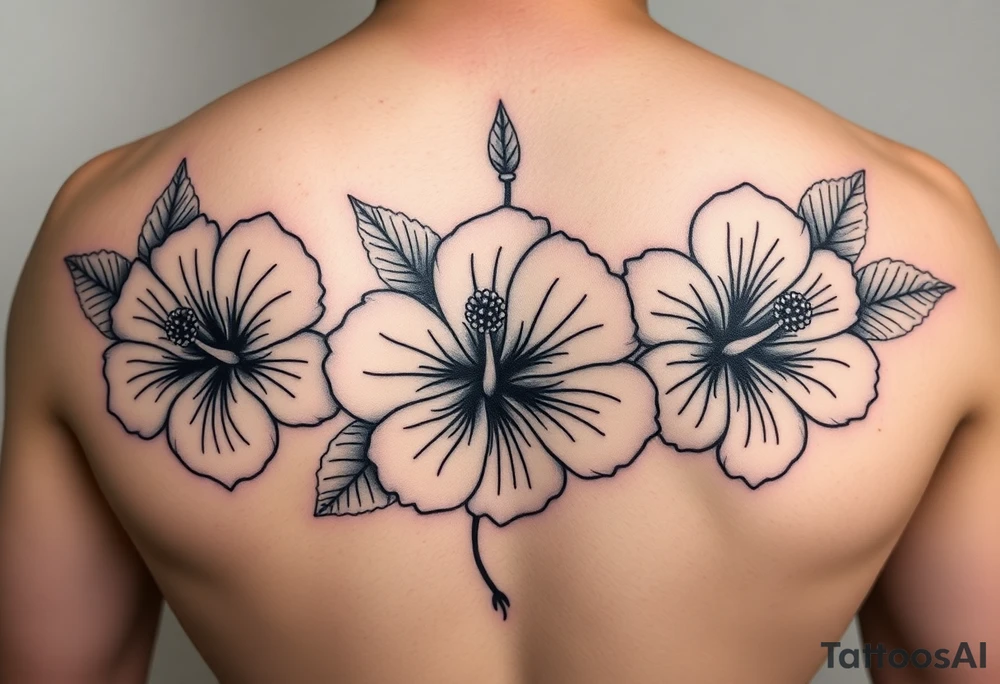 Three hibiscus flowers botanical big tattoo. FINE LINE add greenery around. Simplicity tattoo idea