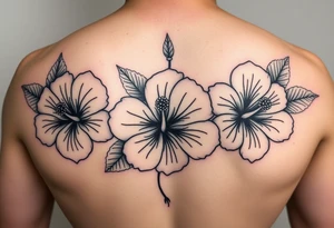 Three hibiscus flowers botanical big tattoo. FINE LINE add greenery around. Simplicity tattoo idea