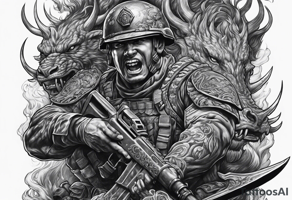 A soldier battling demons in hell tattoo idea