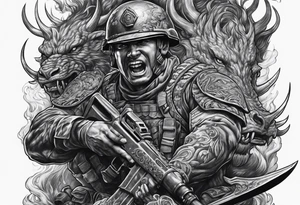 A soldier battling demons in hell tattoo idea