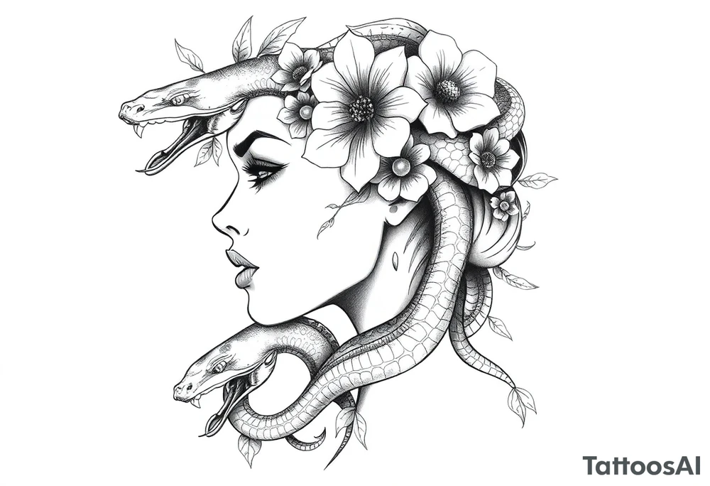 Powerful side profile woman’s face with flowers
And snakes heads tattoo idea