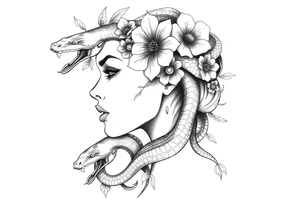 Powerful side profile woman’s face with flowers
And snakes heads tattoo idea