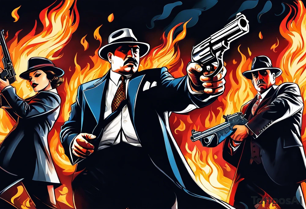 capone style gangsters having a shootout against a dark background scene with flames blues with sexy women tattoo idea