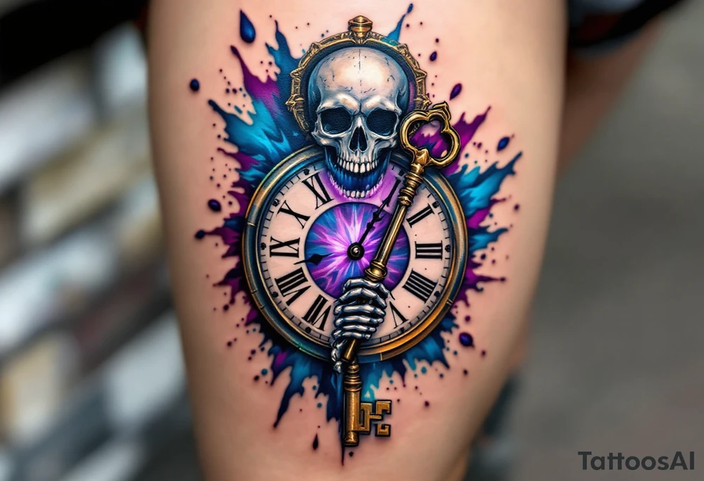 A skeleton key inserted into an antique clock, unlocking a burst of blue and purple tattoo idea