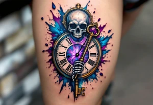 A skeleton key inserted into an antique clock, unlocking a burst of blue and purple tattoo idea