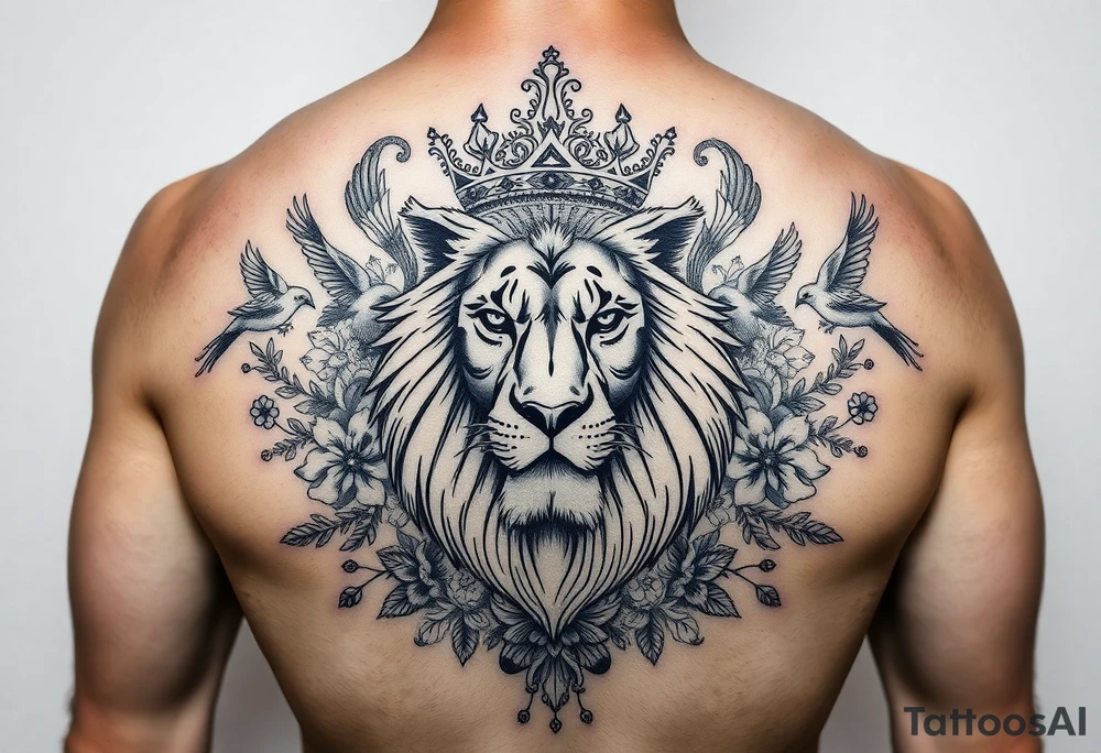 powerful majestic lion with a crown, surrounded by floral ornaments and birds tattoo idea
