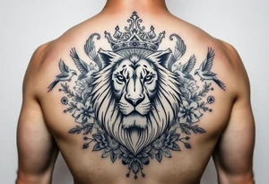 powerful majestic lion with a crown, surrounded by floral ornaments and birds tattoo idea