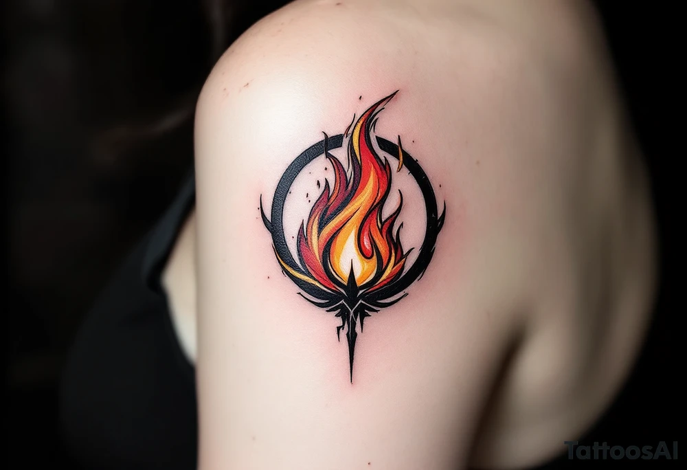 A bold and intricate design featuring the Dauntless symbol, a flame inside a circle, with dynamic black lines and red-orange accents that give it an intense, fiery look. The flame can have soft gradients of red, yellow, and orange to create a sense of movement and heat. Black, red, orange, yellow. tattoo idea