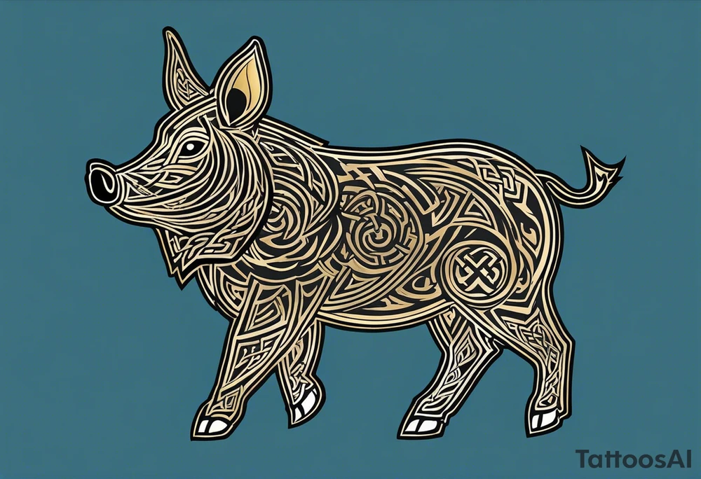 Side profile, Celtic, tribal, wild boar, On a Chatwin family crest with blue background, two gold stars, and a gold Chevron, and a Thistle. With bold black tribal lines. ancient Celtic, tribal boar tattoo idea