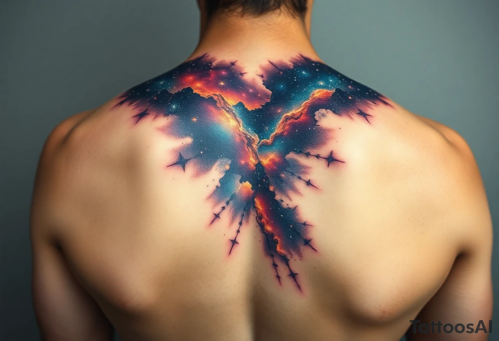 Beautiful and epic 3d milky way that appears to be what is beneath the skin. Make it drape over the shoulder and move to the middle back. use negative spaces to create stars and dust. Incorporate God breathing life into the universe. IKeep it symmetrical tattoo idea