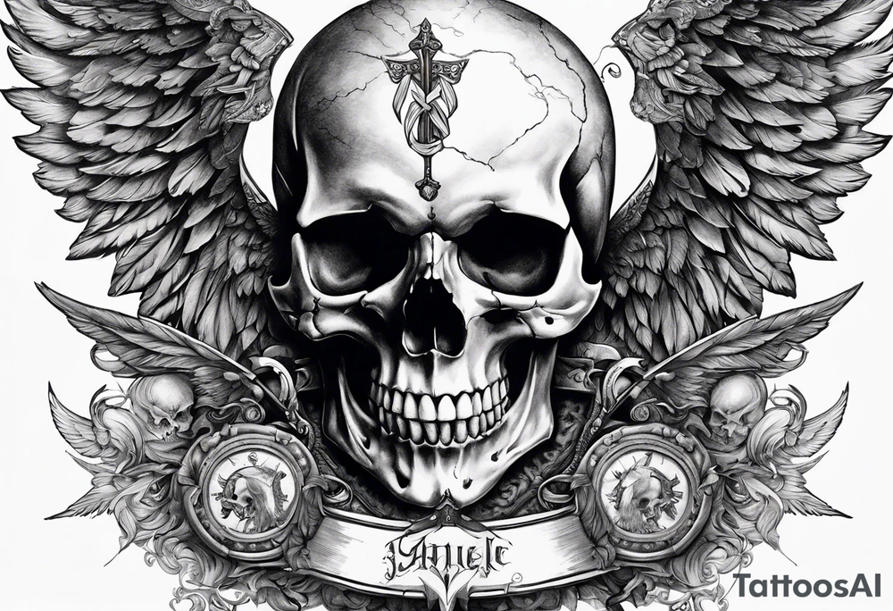 In the center is a half skull pierced by a large sword. On either side of the skull, there are spread angel wings, Beneath the skull is a ribbon tattoo idea