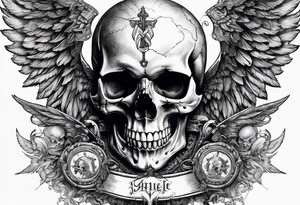 In the center is a half skull pierced by a large sword. On either side of the skull, there are spread angel wings, Beneath the skull is a ribbon tattoo idea