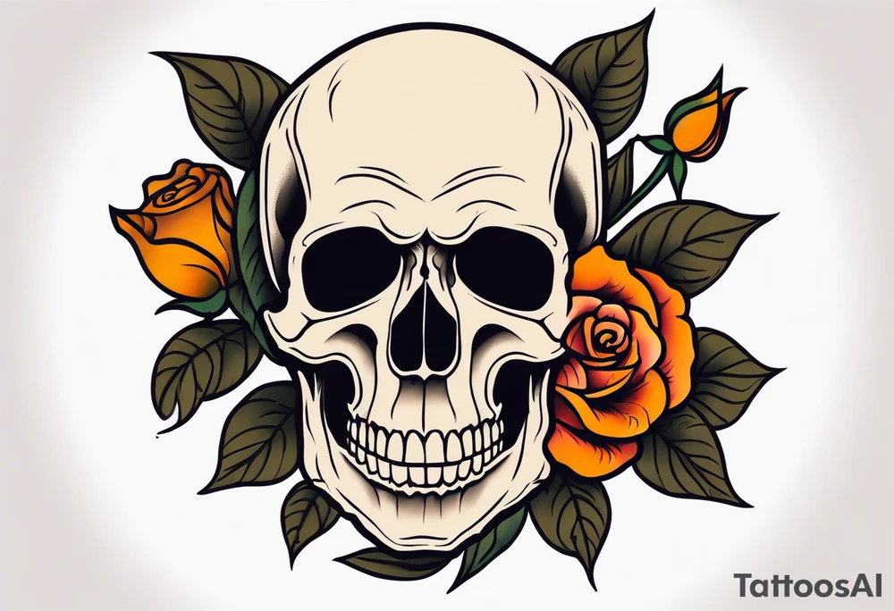 Masculine Old School Knee tattoo in fall colors showing a large skull with a rose tattoo idea